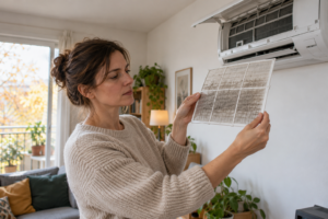 Personne examinant le filtre poussiéreux amovible d’un climatiseur mural