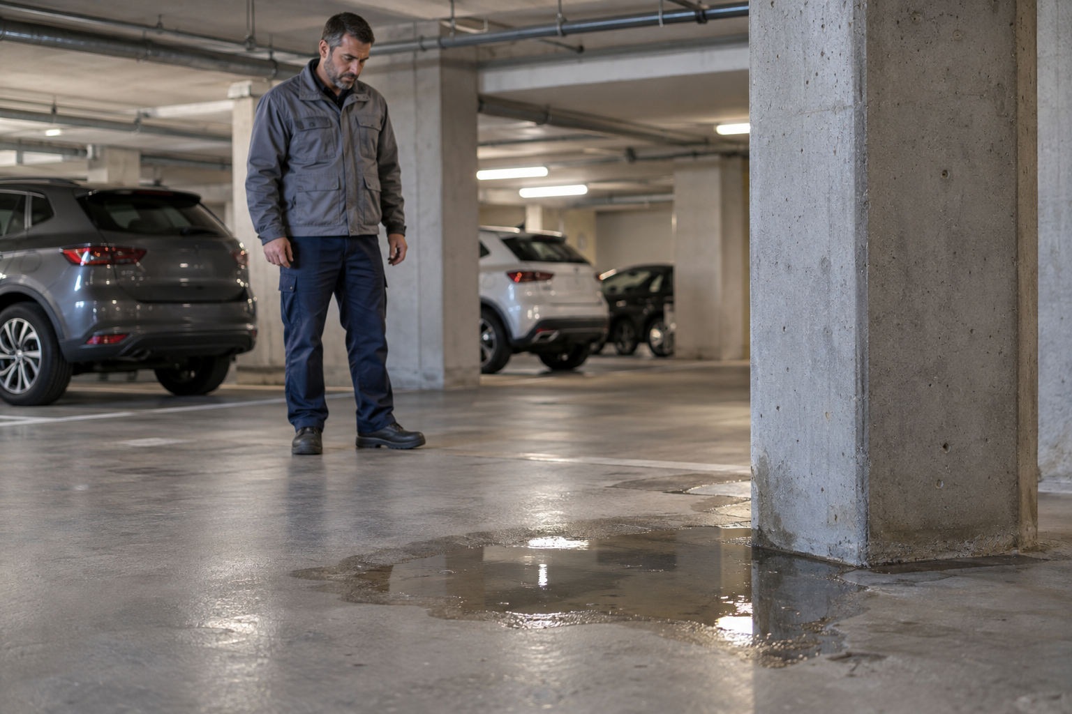 Petite flaque au pied d’un pilier dans un parking souterrain