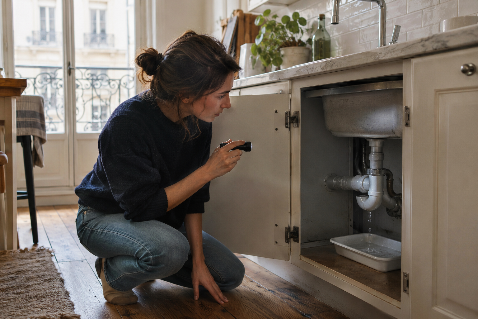 Personne inspectant une fuite sous un évier de cuisine avec une lampe