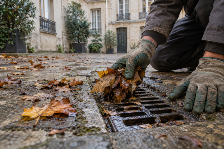 Personne gantée retirant les feuilles d’une grille d’évacuation dans une cour