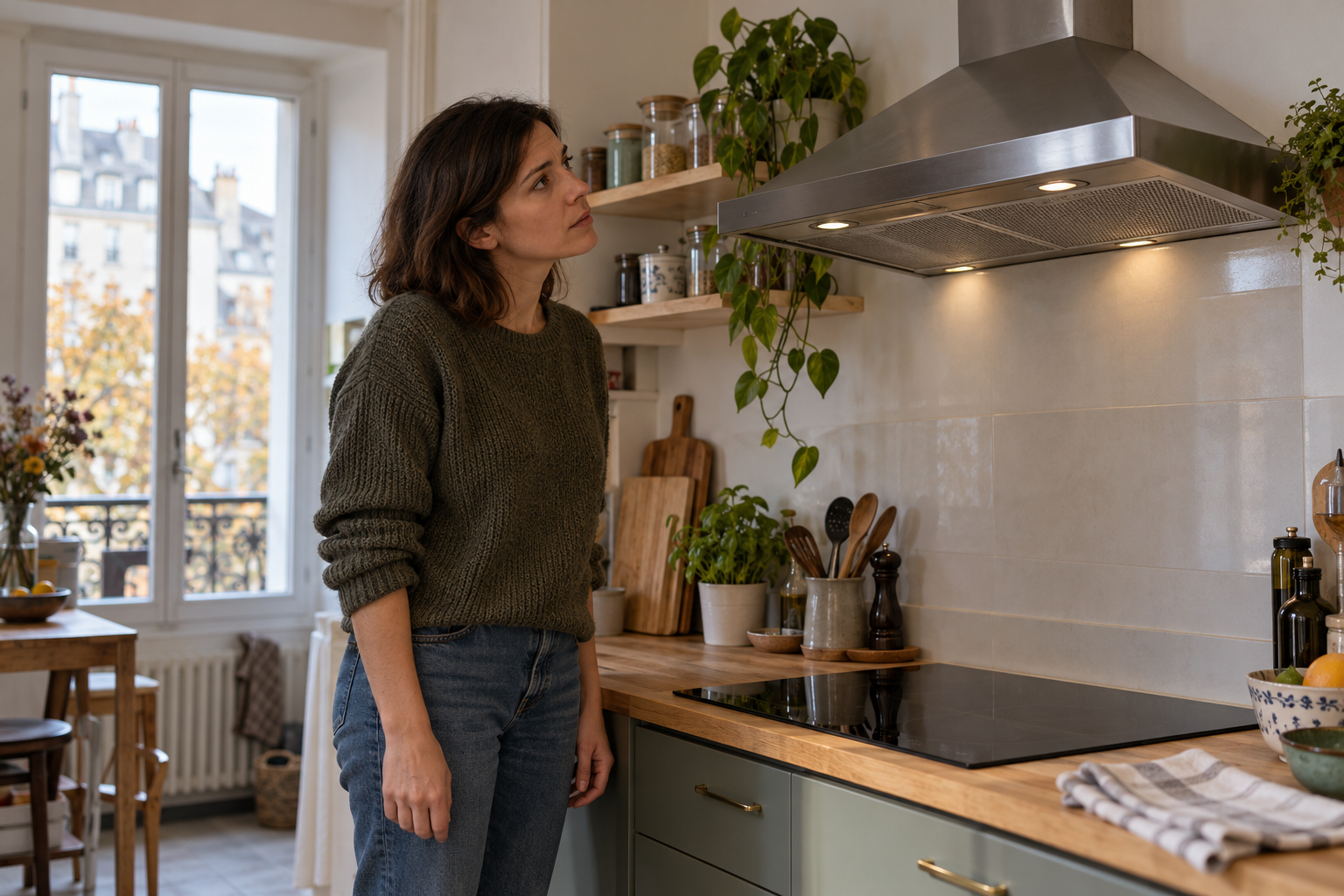 Personne observant une hotte aspirante en acier dans une cuisine de logement