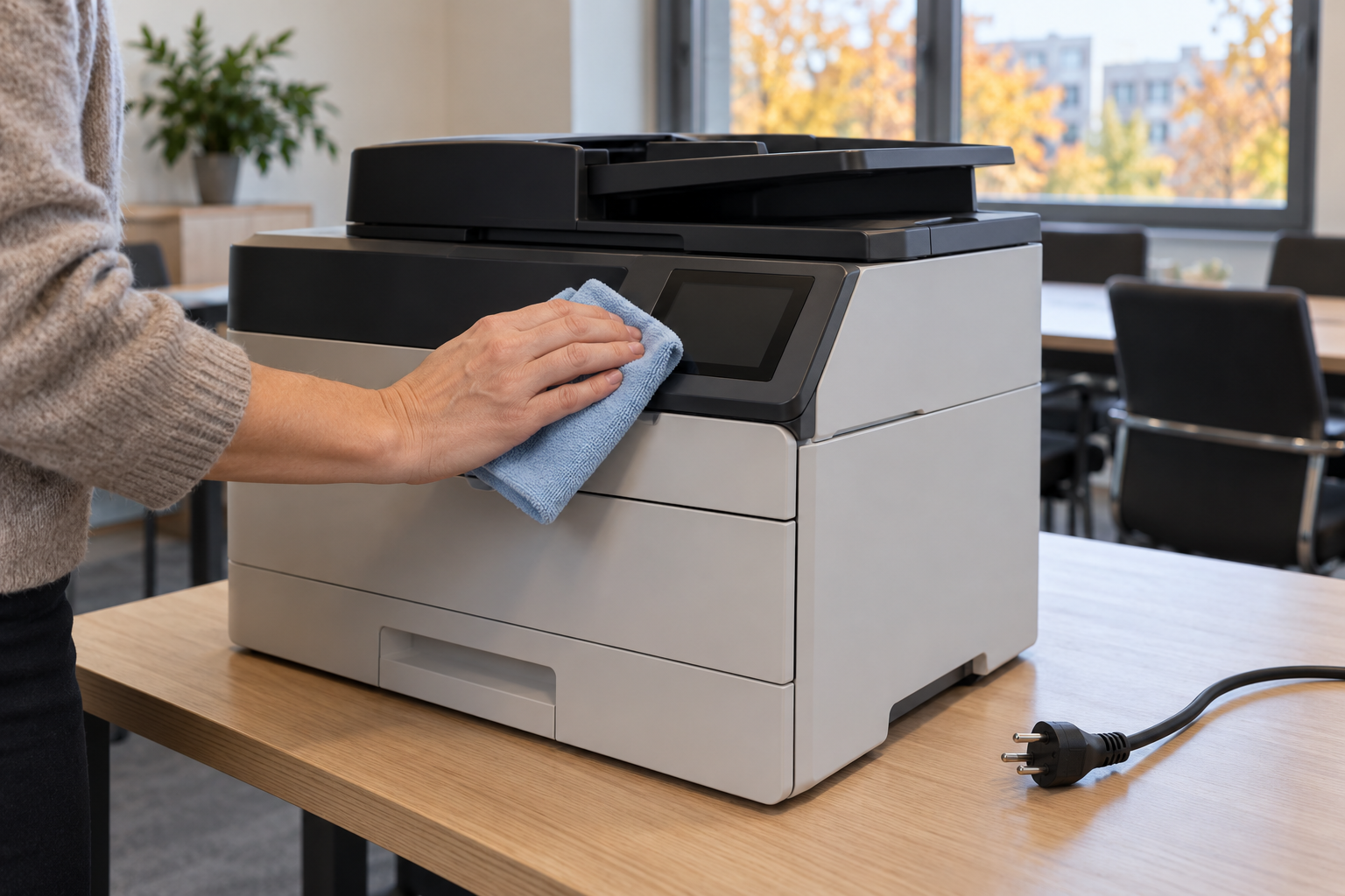 Main passant une microfibre sur les commandes d’une imprimante de bureau