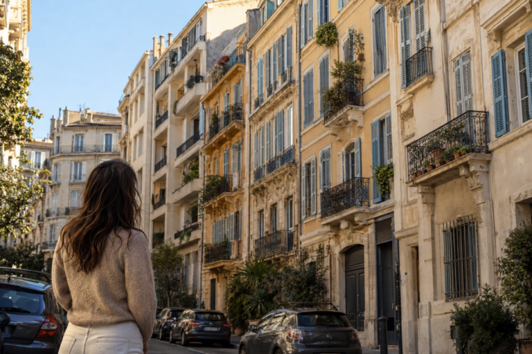 Acheteuse observant des façades d’immeubles résidentiels dans une rue ensoleillée