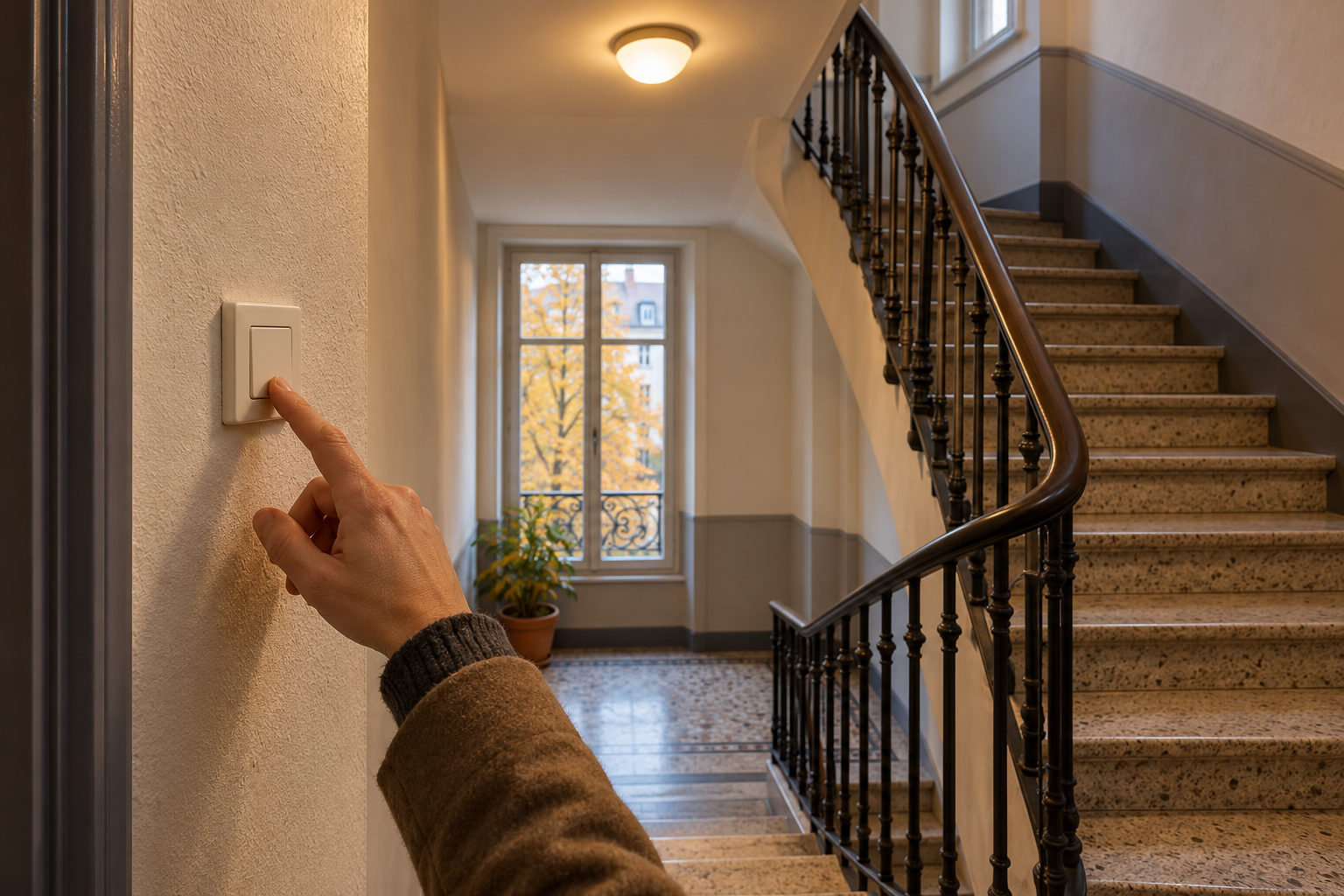 Main près d’un interrupteur dans un escalier collectif éclairé