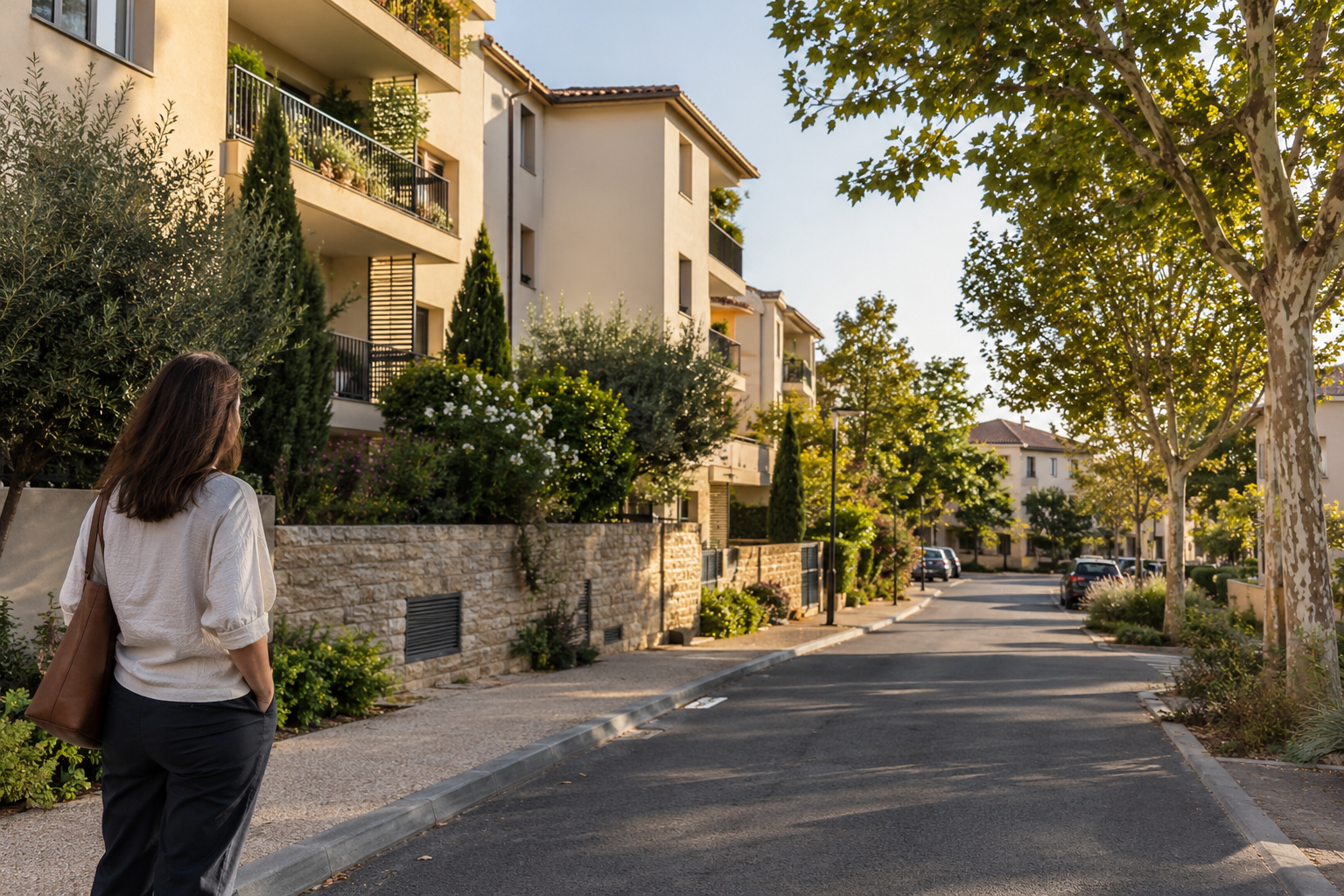 Personne devant des immeubles résidentiels bordant une rue arborée