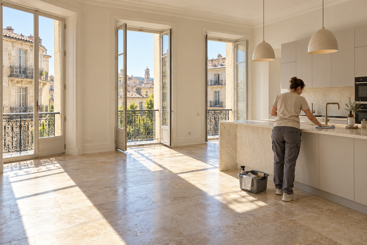 Professionnelle nettoyant le plan de travail d’un appartement lumineux avant mise en location à Montpellier