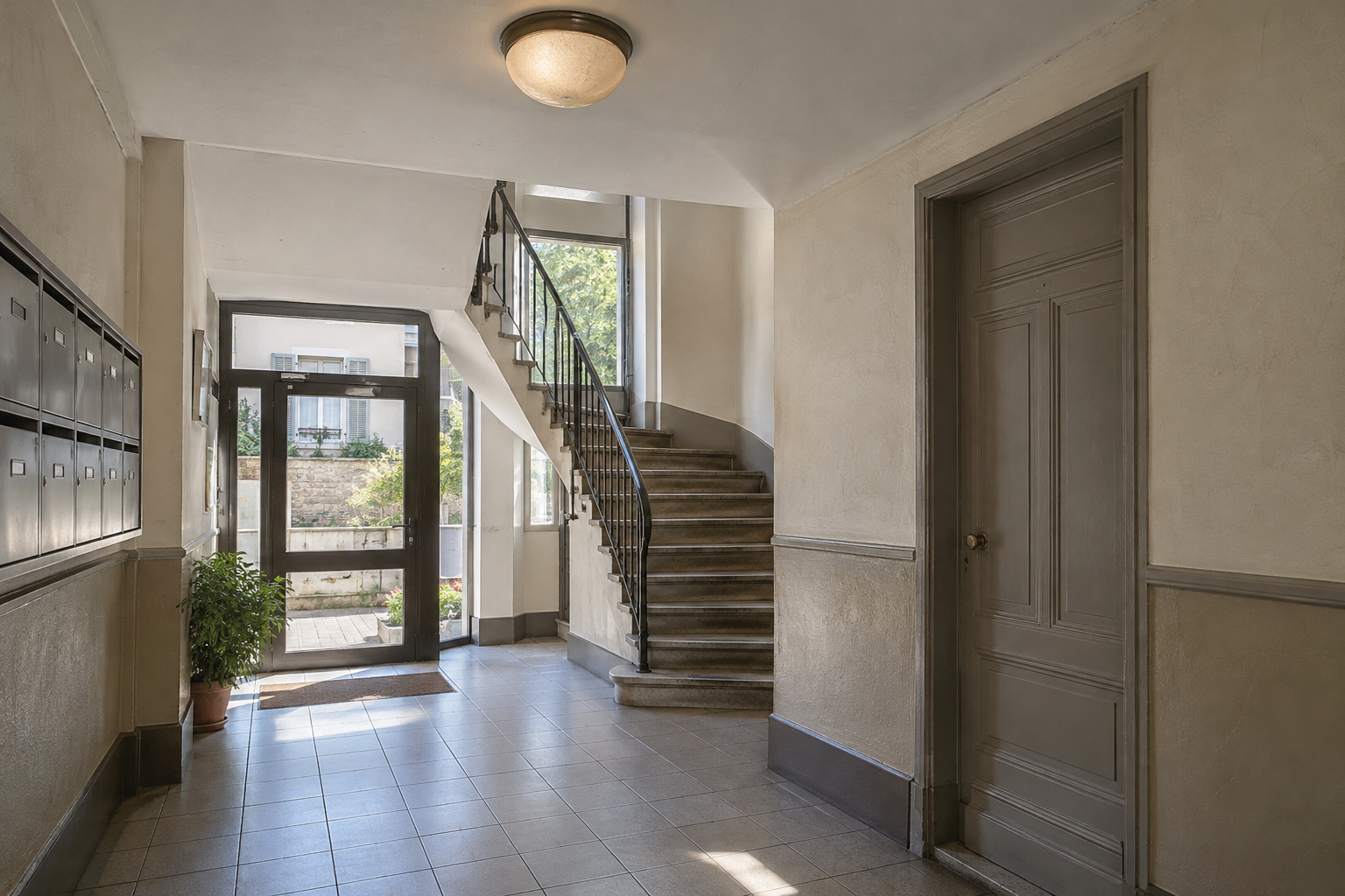 Plafonnier allumé dans le hall d’un immeuble résidentiel avec escalier et boîtes aux lettres
