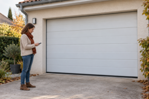 Personne regardant une télécommande devant une porte de garage fermée