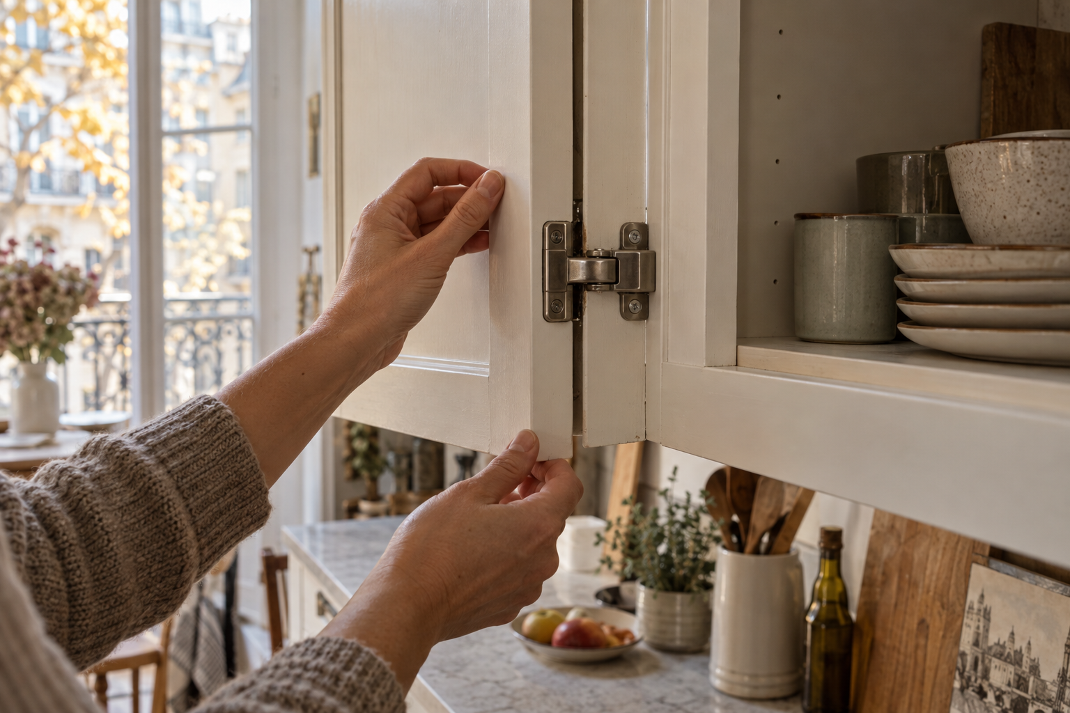 Mains examinant la charnière d’une porte de placard blanc dans une cuisine