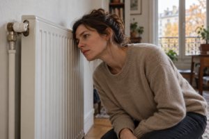 Personne écoutant près d’un radiateur à eau blanc dans un appartement