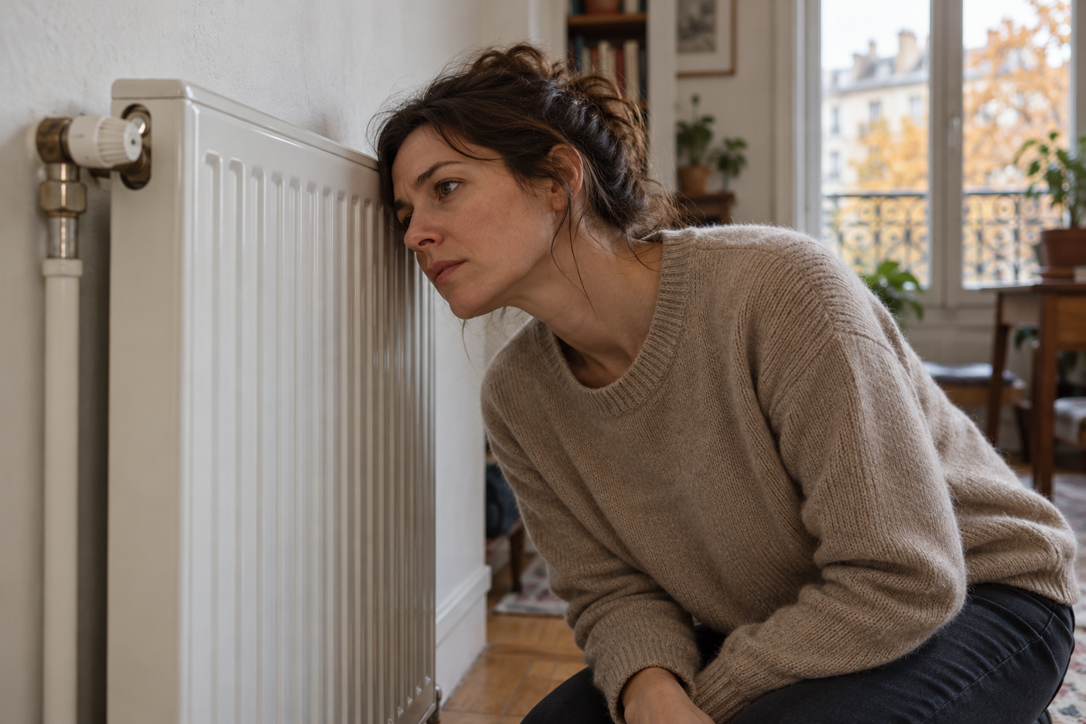 Personne écoutant près d’un radiateur à eau blanc dans un appartement
