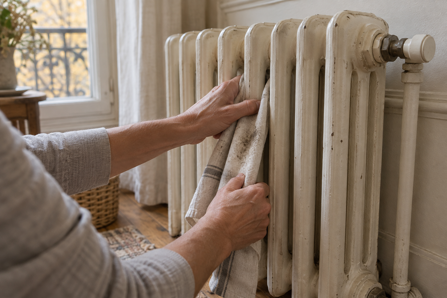Main dépoussiérant entre les colonnes d’un radiateur en fonte