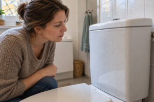 Personne observant des gouttelettes sur le réservoir des WC