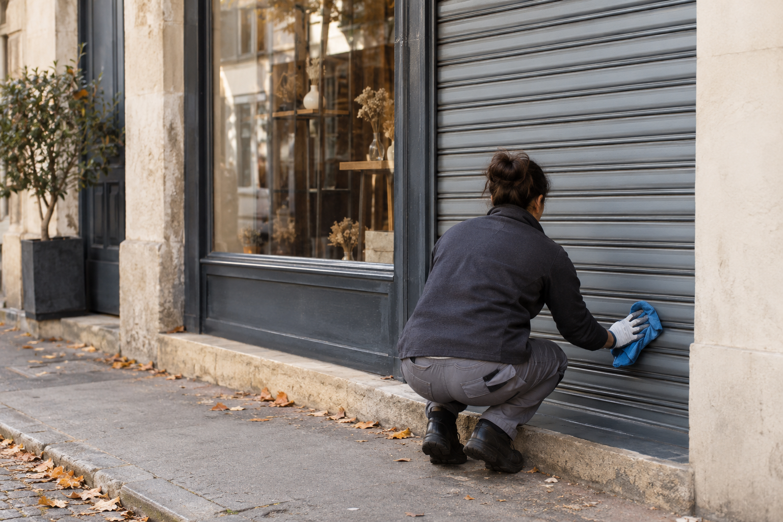 Agent nettoyant les lames extérieures du rideau métallique d’un commerce