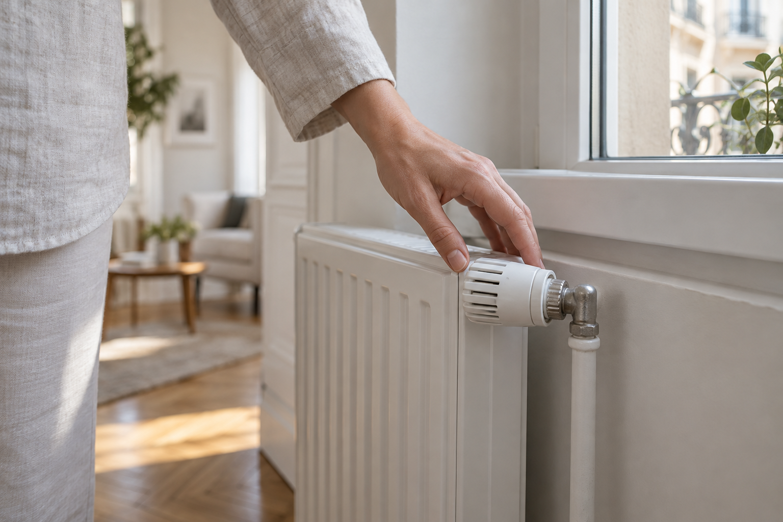 Une personne observe le robinet thermostatique d’un radiateur blanc dans un logement