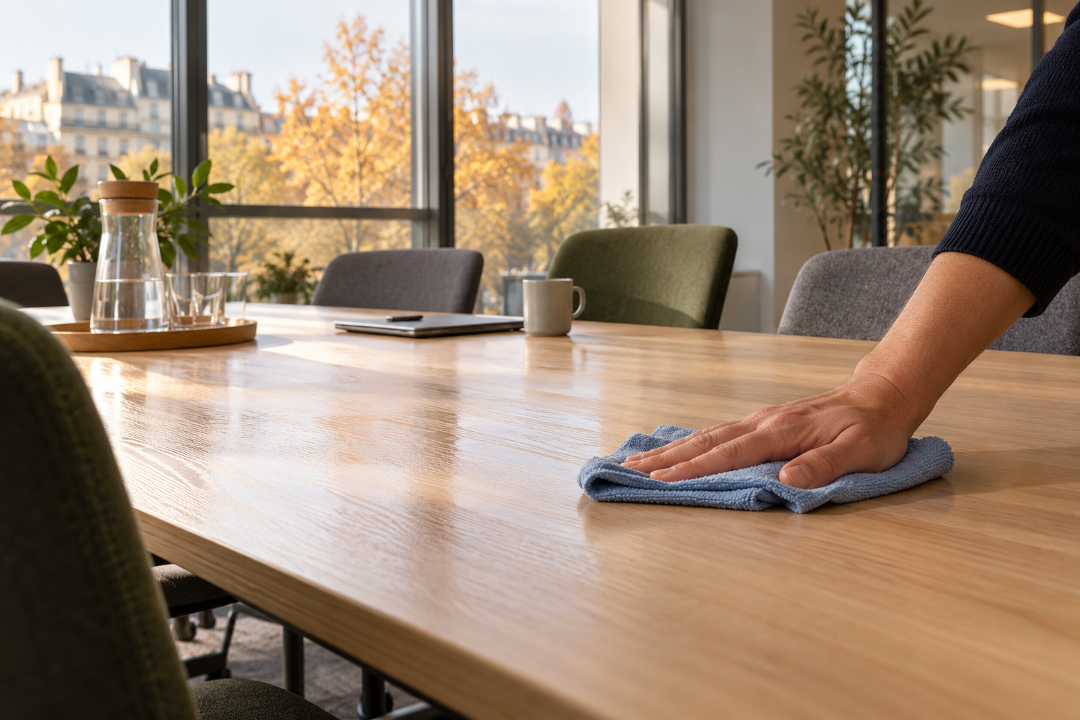 Main essuyant avec une microfibre une table de réunion dans un bureau