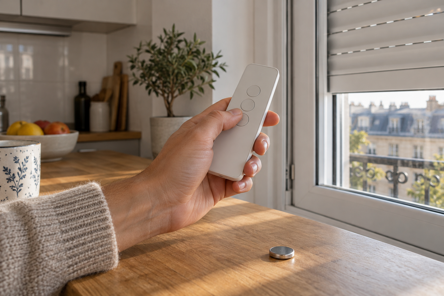 Main tenant une télécommande de volet roulant devant une fenêtre, pile posée à proximité