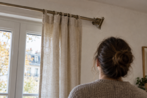 Personne observant une fixation de tringle à rideau inclinée au-dessus d’une fenêtre