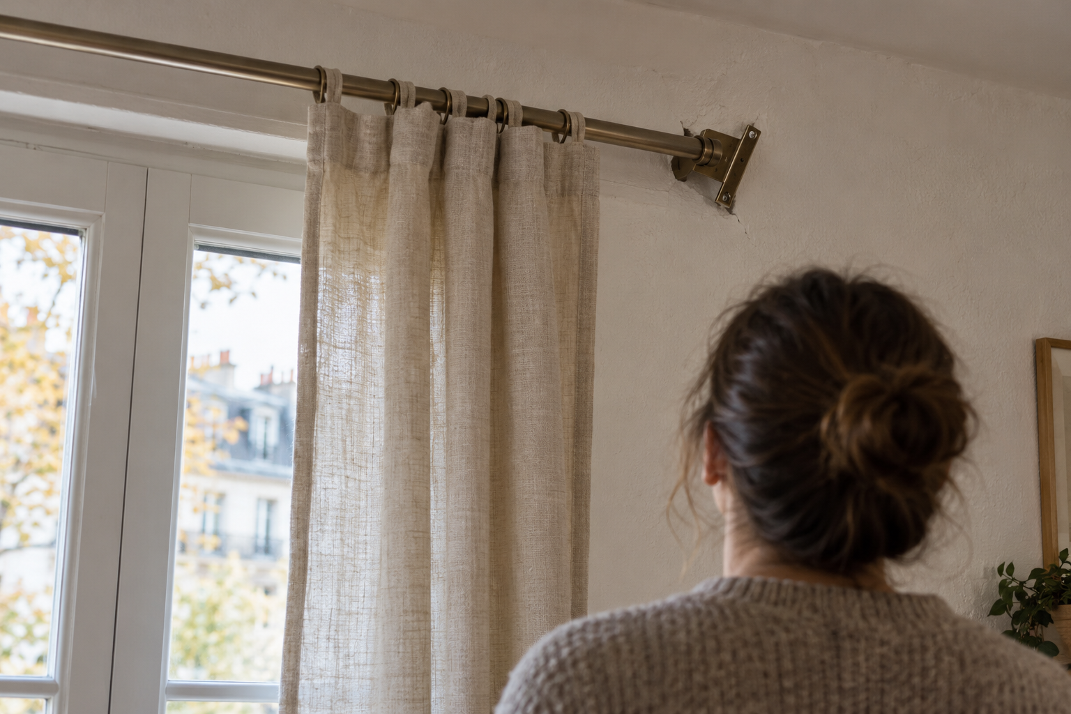 Personne observant une fixation de tringle à rideau inclinée au-dessus d’une fenêtre