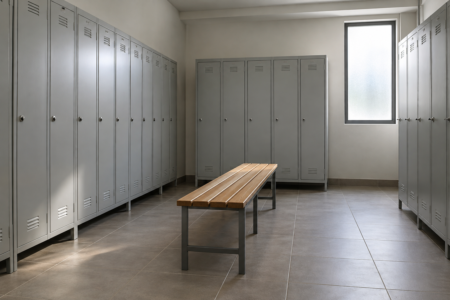 Vestiaire collectif propre avec casiers métalliques et banc en bois