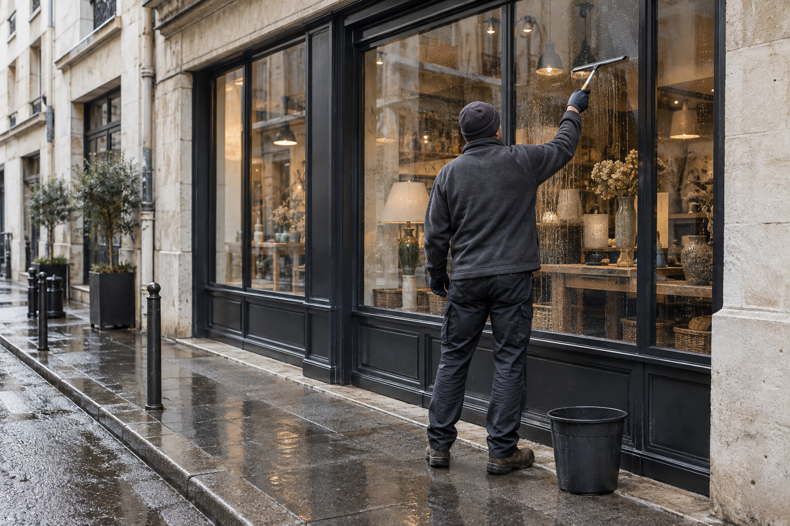 Professionnel nettoyant à la raclette la vitrine humide d’un commerce